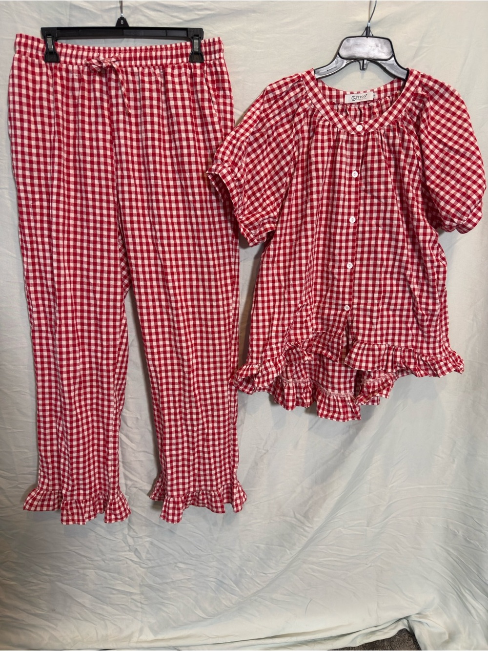 FlyGoRed and White Gingham Two-Piece Pajama Set with Ruffled Trim